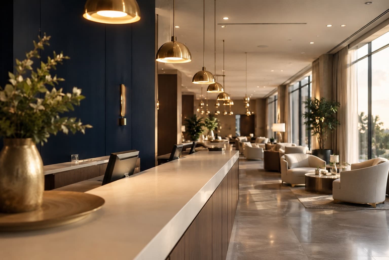 Polished multi-location wellness lobby with a long stone reception counter, receding brass pendant lights, and cream lounge seating.