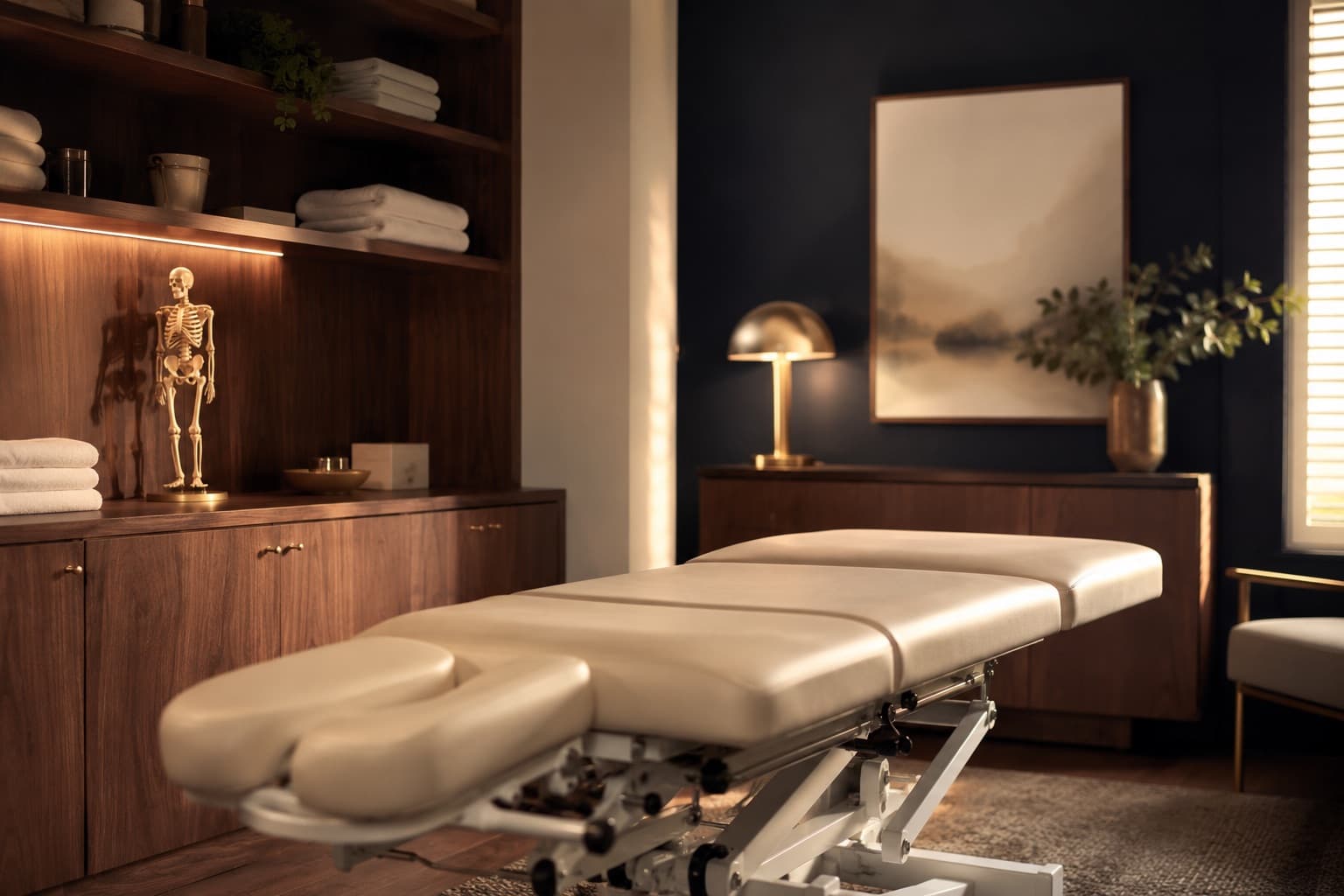 Serene chiropractic treatment room with a cream table, walnut shelving, a brass anatomical model, and a navy accent wall in warm light.