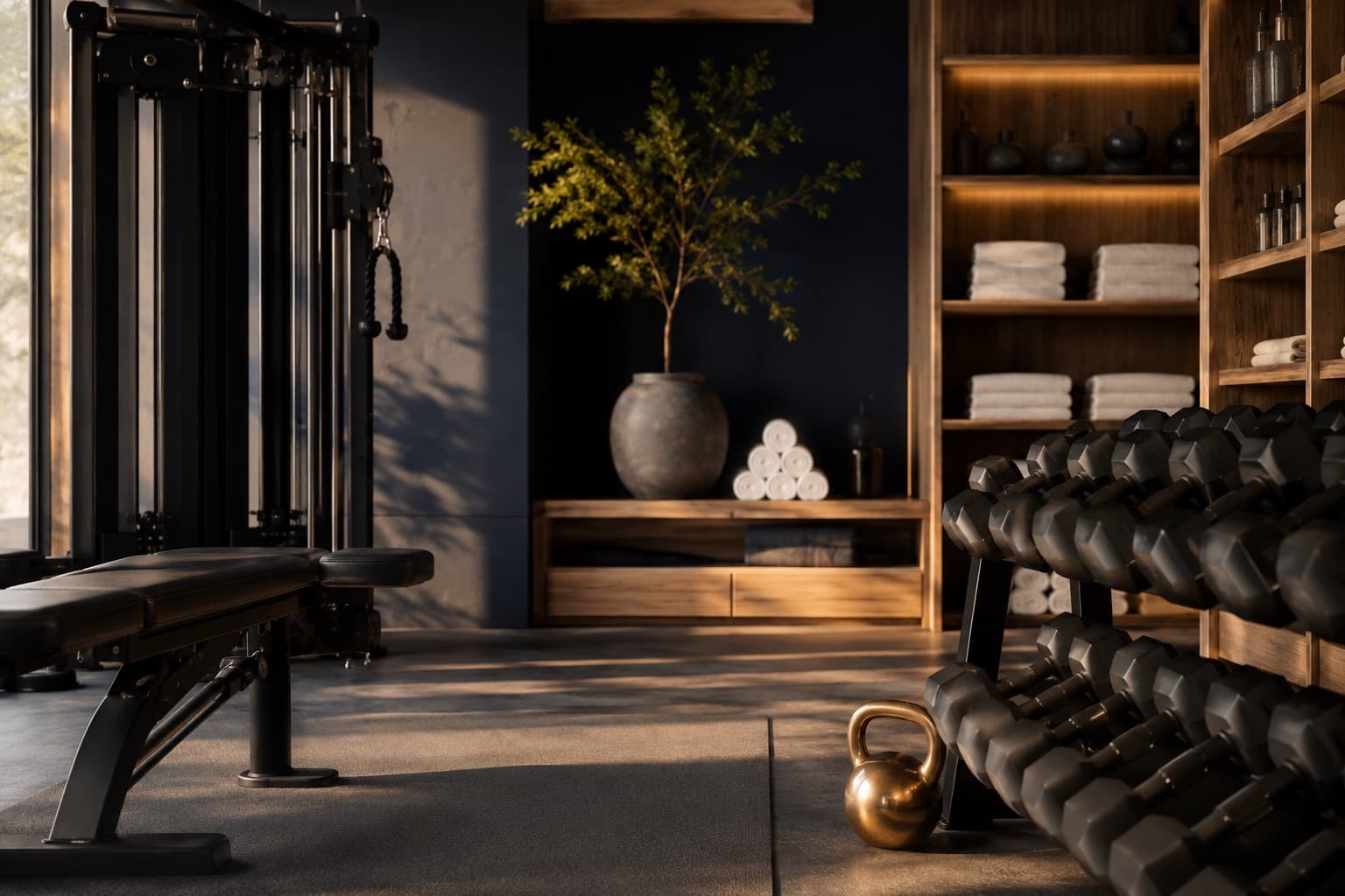 Premium boutique gym at golden hour with matte black equipment, a brass kettlebell, cream towels on walnut shelving, and a deep navy wall.