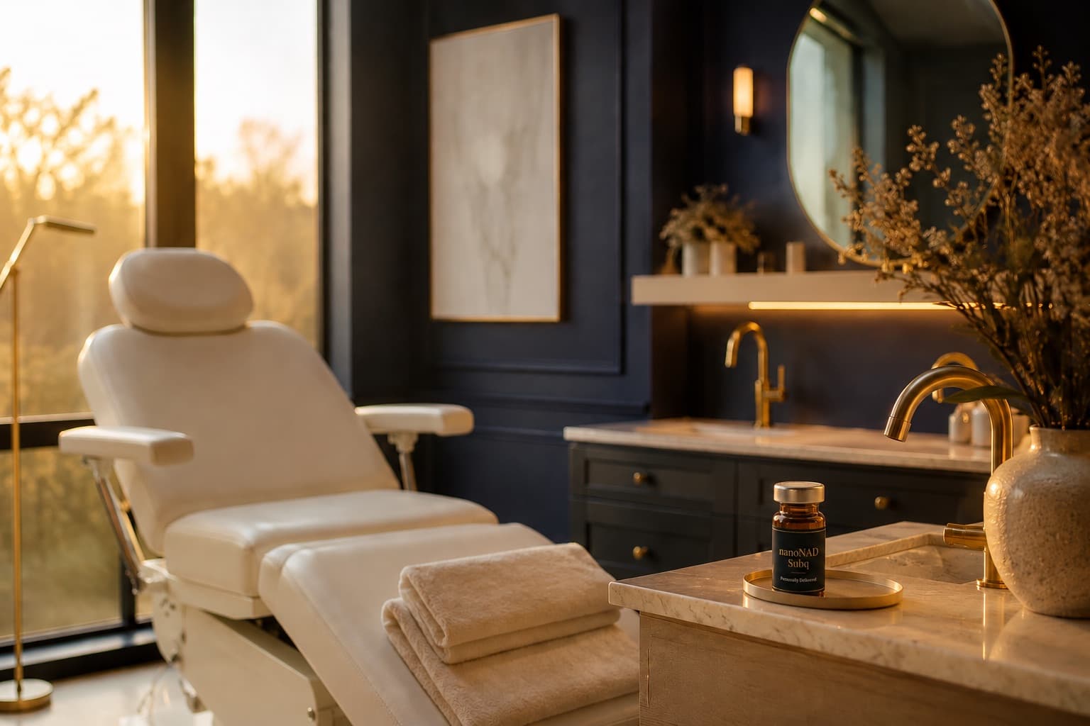 Refined med spa suite with a cream treatment chair, brushed-gold fixtures, folded linens, and warm golden-hour light through tall windows.