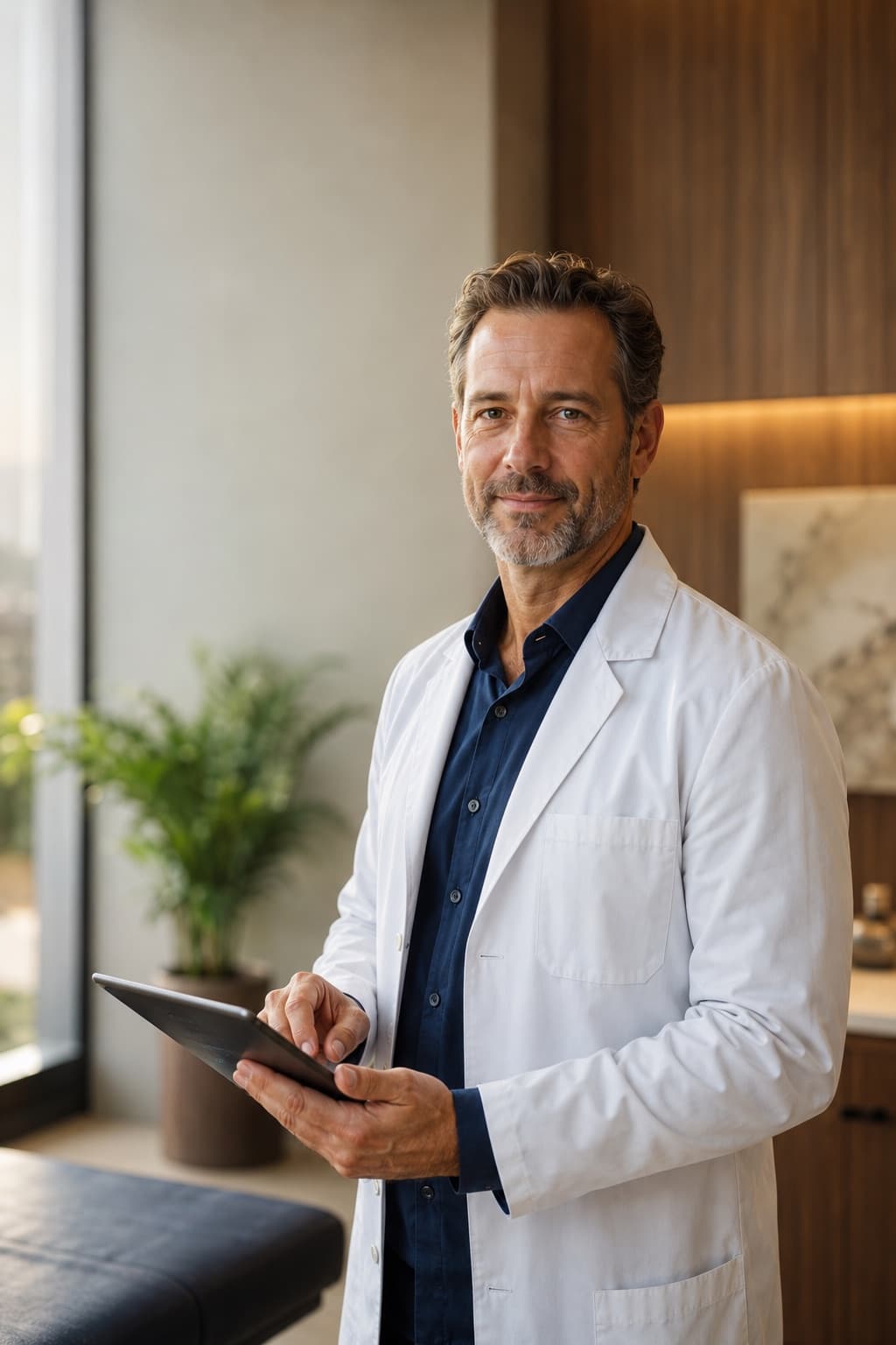 A physician in a white coat standing in a modern clinic, holding a tablet and looking up with a confident, reassuring expression.