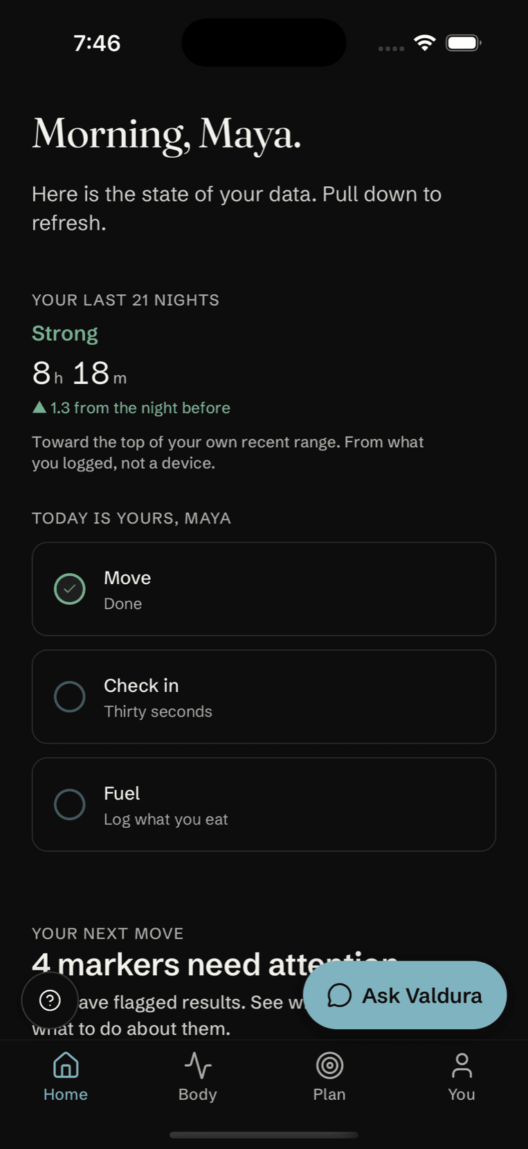 The Valdura app showing tracked biomarkers, a body map and a weekly recap.
