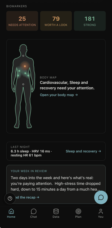 The Valdura app showing tracked biomarkers, a body map and a weekly recap.