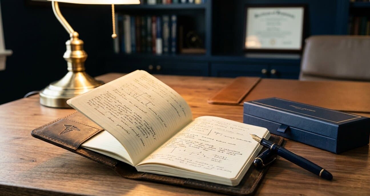 Open clinical notebook and fountain pen on a walnut desk under warm lamp light.
