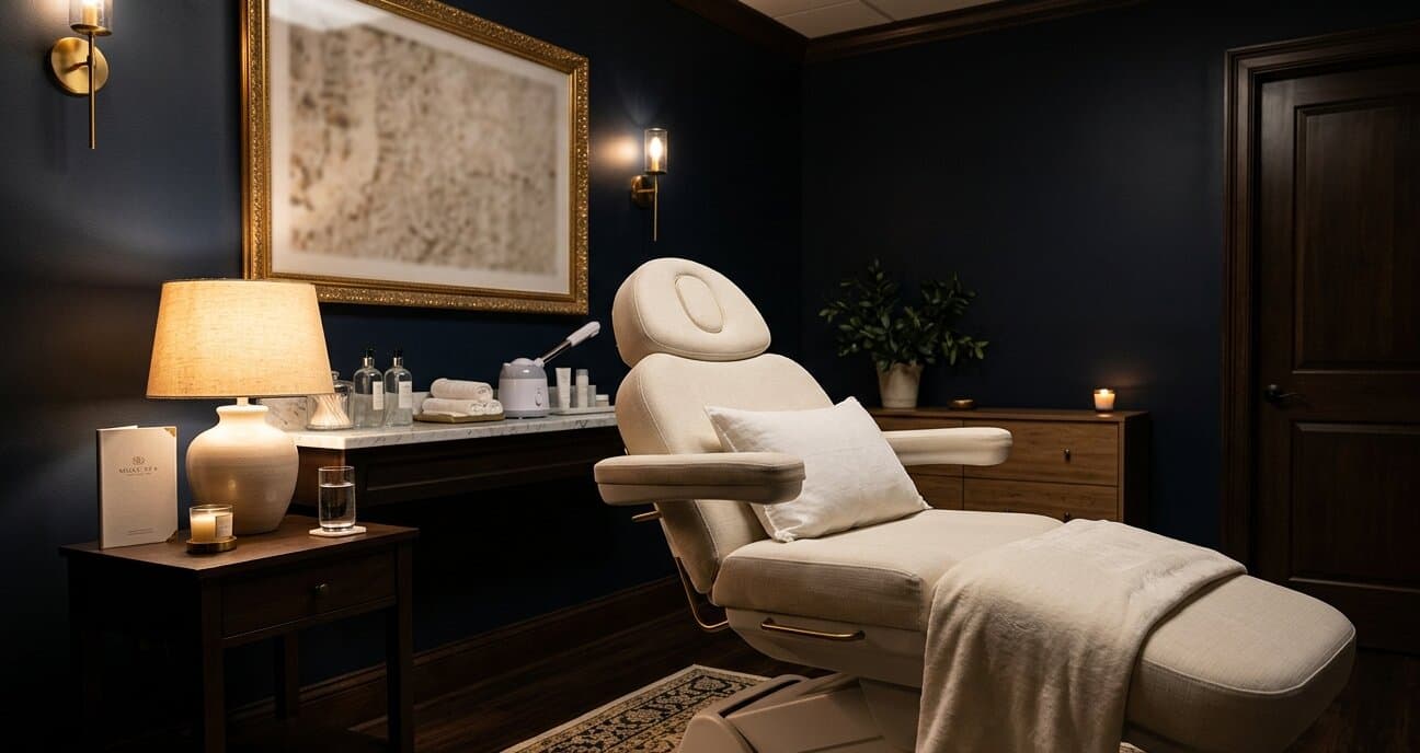 Cream upholstered med spa treatment chair in a warm-lit navy treatment room.