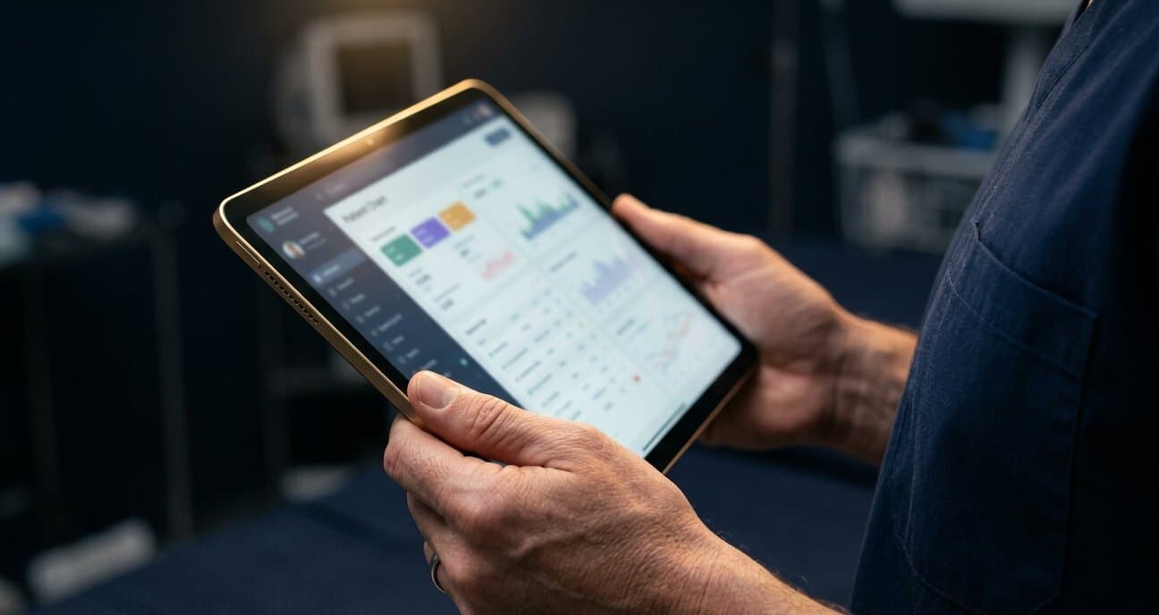 Clinician hands holding a tablet showing a blurred patient dashboard.