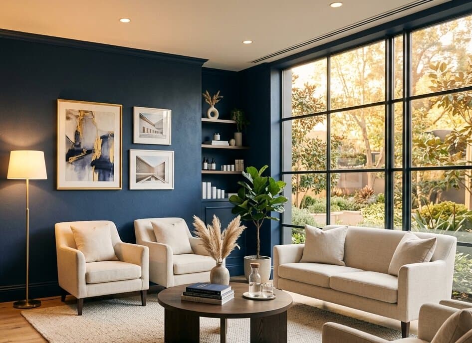 Modern wellness clinic interior with cream seating, navy walls, and warm golden-hour light.