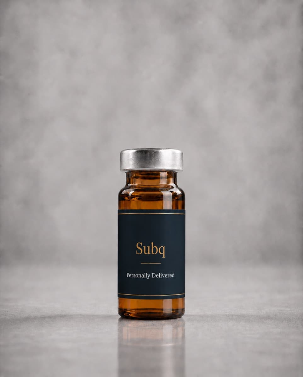 Amber compounded injectable vial with a cream label on pale stone.